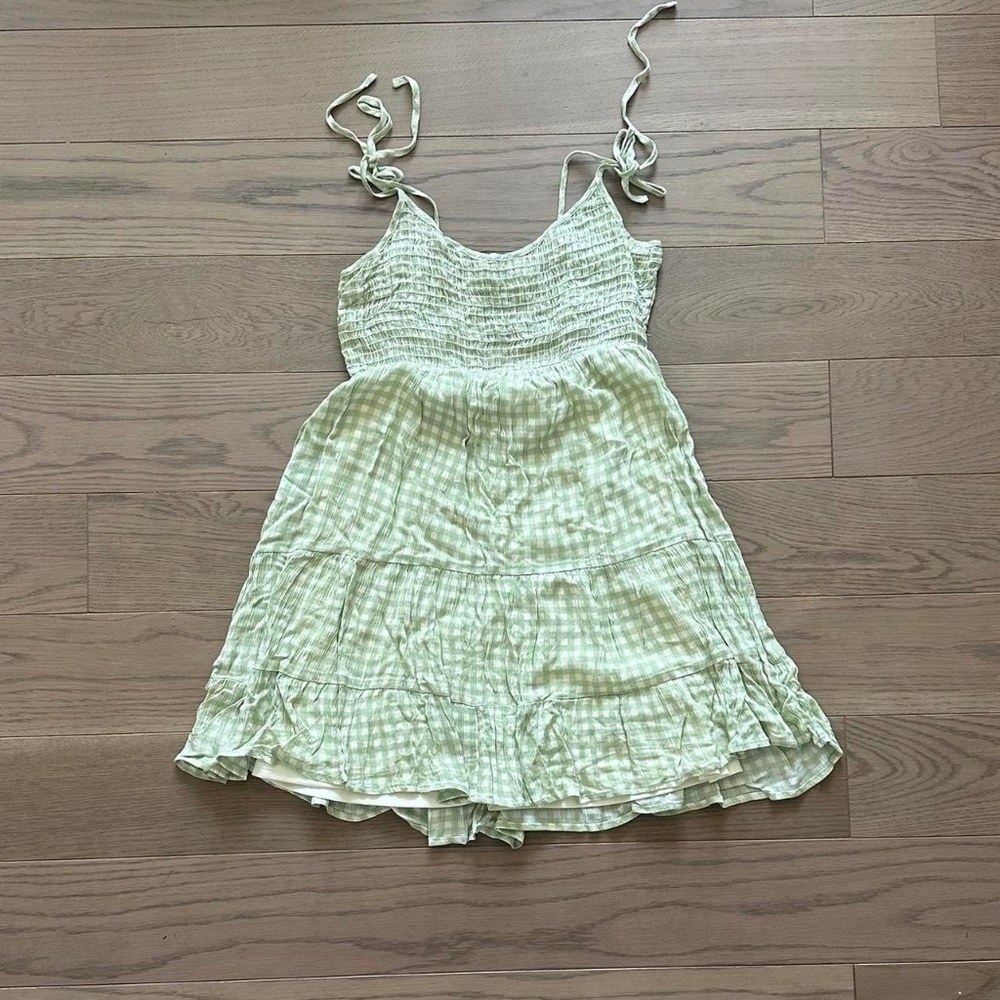Green and white gingham mini dress